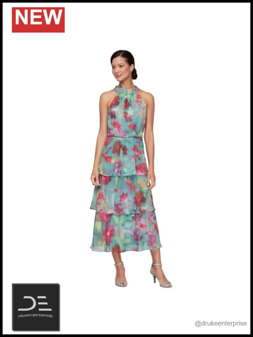Chiffon Midi Tiered Sleeveless Wedding Guest Dress Beaded Halter Neckline
